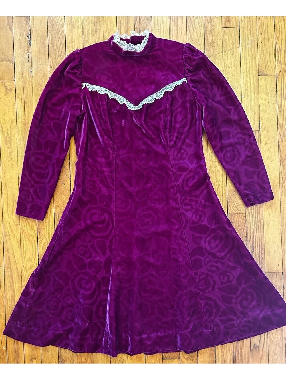VTG 70s Handmade Prairie Victorian Gunne Cottage Lace Velvet Party Dress SZ M/L - Picture 6 of 8
